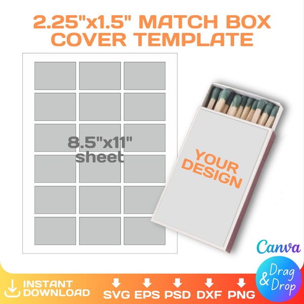 Match Box Cover Blank Template, MatchBox Label, sublimation, svg, png, dxf, Canva, Full Wrap, 2.25 x 1.5 inches, Instant Download