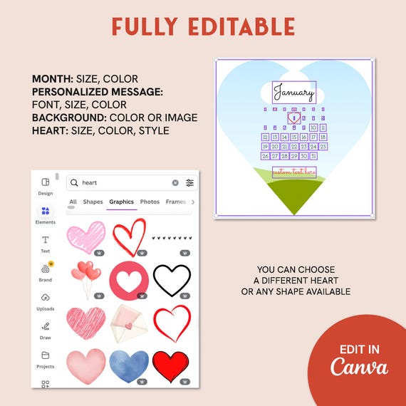 Burn Away Cake Topper Calendar Template, Custom Heart Shape Cake Topper, 2025 Calendar, Printable, svg, Canva, Sugar Frosting, Wafer Paper