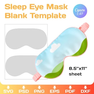 May include: A light blue sleep eye mask with a cloud and green hill design. The image also shows a blank template for the eye mask and a sheet size of 8.5"x11". The text "Sleep Eye Mask Blank Template" is displayed at the top.