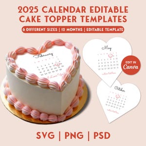 Modèle de calendrier de décoration de gâteau, gâteau personnalisé en forme de coeur, calendrier 2025, imprimable, svg, toile, glaçage au sucre, papier azyme