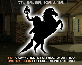 May include: A black silhouette of the Headless Horseman on a rearing horse, holding a jack-o'-lantern. Text reads "HEADLESS HORSEMAN" and lists sizes from 7ft to 11ft. Also includes "PDF 8.5x11" sheets for jigsaw cutting" and "INSTANT DOWNLOAD".