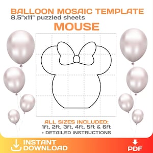 Puede incluir: Una plantilla de mosaico de globos blanca con forma de ratón, con el texto "BALLOON MOSAIC TEMPLATE" y "MOUSE". Incluye tamaños de 1ft a 6ft. La plantilla está en hojas de rompecabezas de 21,6 cm x 27,9 cm. Con cuadrícula e instrucciones.