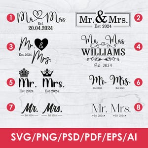 May include: A set of ten different wedding logo designs featuring the text "Mr. & Mrs." with various fonts, styles, and embellishments. The designs include hearts, crowns, and the established date.