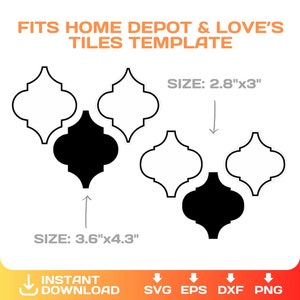May include: A digital template for creating tile patterns. The template features a black and white quatrefoil design. The template is available in two sizes: 3.6 inches by 4.3 inches and 2.8 inches by 3 inches. The template is for use with Home Depot and Love's tiles.