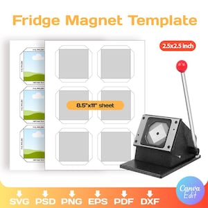 Peut inclure: Un modèle de magnet réfrigérateur avec des carrés sur une feuille de format 21,6 x 27,9 cm. Il comprend un indicateur de taille de 6,35 cm x 6,35 cm et un outil de fabrication de magnets. Icônes de type de fichier : SVG, PSD, PNG, EPS, PDF et DXF.