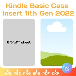 May include: A graphic design for a Kindle Basic Case, insert for the 11th Gen 2022 model. The design includes a gray rectangle labeled "8.5"x11" sheet" and a landscape illustration. The design is available in SVG, PSD, PNG, EPS, PDF, and DXF formats.