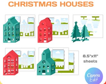 Paper Houses Set, 3D Village, Christmas house lantern Template, 3D Christmas house svg, png, pdf, Cricut, Canva, Printable, Instant Download