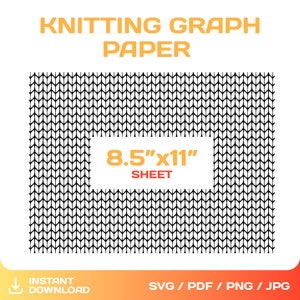 May include: A black and white knitting graph paper sheet with a white rectangle in the center that says "8.5"x11" sheet".