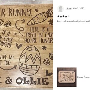 May include: Wooden Easter Bunny tray with engraved text and illustrations. Includes a circle for a drink, a carrot, an Easter egg, bunny footprints, and the text "Dear Easter Bunny". The tray also has the names Jax & Ollie.