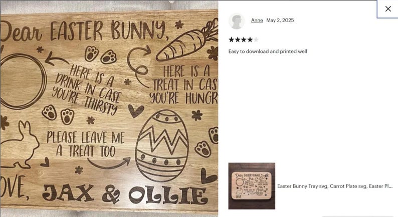 May include: Wooden Easter Bunny tray with engraved text and illustrations. Includes a circle for a drink, a carrot, an Easter egg, bunny footprints, and the text "Dear Easter Bunny". The tray also has the names Jax & Ollie.