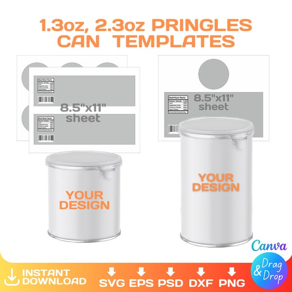 Pringles puede envolver plantilla en blanco, BUNDLE, 2.3 & 1.3oz, plantilla Chip Can Label, set, svg, Cricut, png, Canva, Descarga instantánea