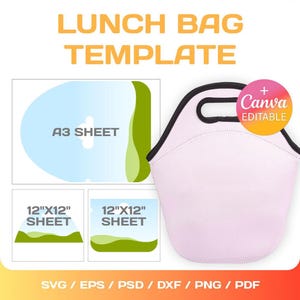 May include: A pink lunch bag template with a black handle and black trim. The template is designed to fit on a 12x12 inch sheet of paper. The image also includes a template for an A3 sheet of paper. The text "Canva Editable" is included in the image.