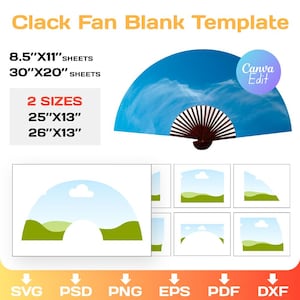 May include: A clack fan blank template with the text "Clack Fan Blank Template". The image shows a fan with a blue sky background and a brown handle. The image also includes the text "8.5"X11" sheets", "30"X20" sheets", "2 sizes", "25"X13"", and "26"X13"".