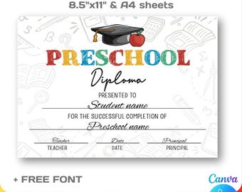 Preschool Grad Diploma Template, Printable, Graduation Certificate for kids, Award Canva Editable Template, Drag & Drop, Instant Download