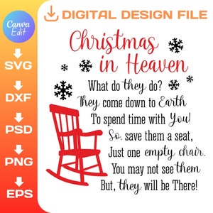 May include: A black and white graphic design with a red rocking chair and the text "Christmas in Heaven. What do they do? They come down to Earth to spend time with you! So, save them a seat, just one empty chair. You may not see them but, they will be There!"