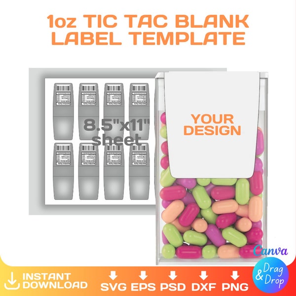 Modèle d'étiquette Tic Tac, 1 oz, emballage vierge Tic Tac, personnalisé, étiquette de cadeau, modifiable, svg, Cricut, png, Canva, téléchargement immédiat