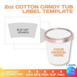 Etiqueta para cuba de algodão doce Modelo em branco, 2 oz, personalizado, Embalagem para cuba de algodão doce, editável, svg, Cricut, png, Canva, Download instantâneo