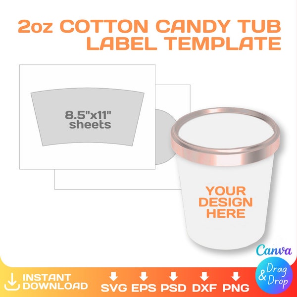 Cotton candy tub label Blank Template, 2 oz, custom, Cotton candy tub wrapper, editable, svg, Cricut, png, Canva, Instant Download