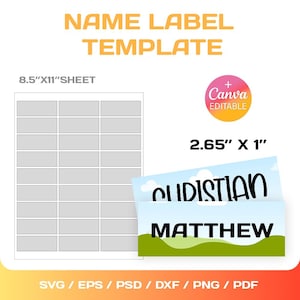 Puede incluir: Plantilla de etiqueta con el texto "NAME LABEL TEMPLATE" en naranja. La imagen incluye una hoja de etiquetas, una etiqueta de muestra con los nombres "CHRISTIAN" y "MATTHEW", y el texto "Canva Editable". El tamaño de la etiqueta es de 6,73 cm x 2,54 cm.