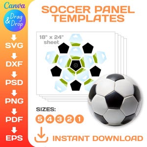 Può includere: Un grafico digitale che mostra modelli di pannelli da calcio su un foglio di 45,72 cm x 60,96 cm, con forme pentagonali nere e azzurre. Un pallone da calcio bianco e nero è posizionato in basso a destra. Il testo include "SOCCER PANEL TEMPLATES", "SIZES: 5 4 3 2 1" e formati di file.