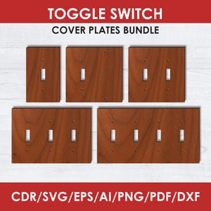 Op de afbeelding: Een bundel houten tuimelschakelaar afdekplaten. De platen zijn in verschillende maten en hebben een warme bruine houtnerf. De tekst "TOGGLE SWITCH COVER PLATES BUNDLE" staat bovenaan. De onderste tekst luidt "CDR/SVG/EPS/AI/PNG/PDF/DXF".