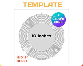May include: A printable template for a 10-inch wind spinner, designed for a 12x12 inch sheet. The template is gray and white and includes the text "WIND SPINNER TEMPLATE" and "10 inches".