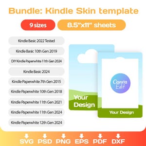 May include: A digital product bundle for Kindle skin templates. The image shows a template design with the text "Canva Edit" and "Your Design". Includes 9 sizes and 8.5"x11" sheets. File formats include SVG, PSD, PNG, EPS, PDF, and DXF.