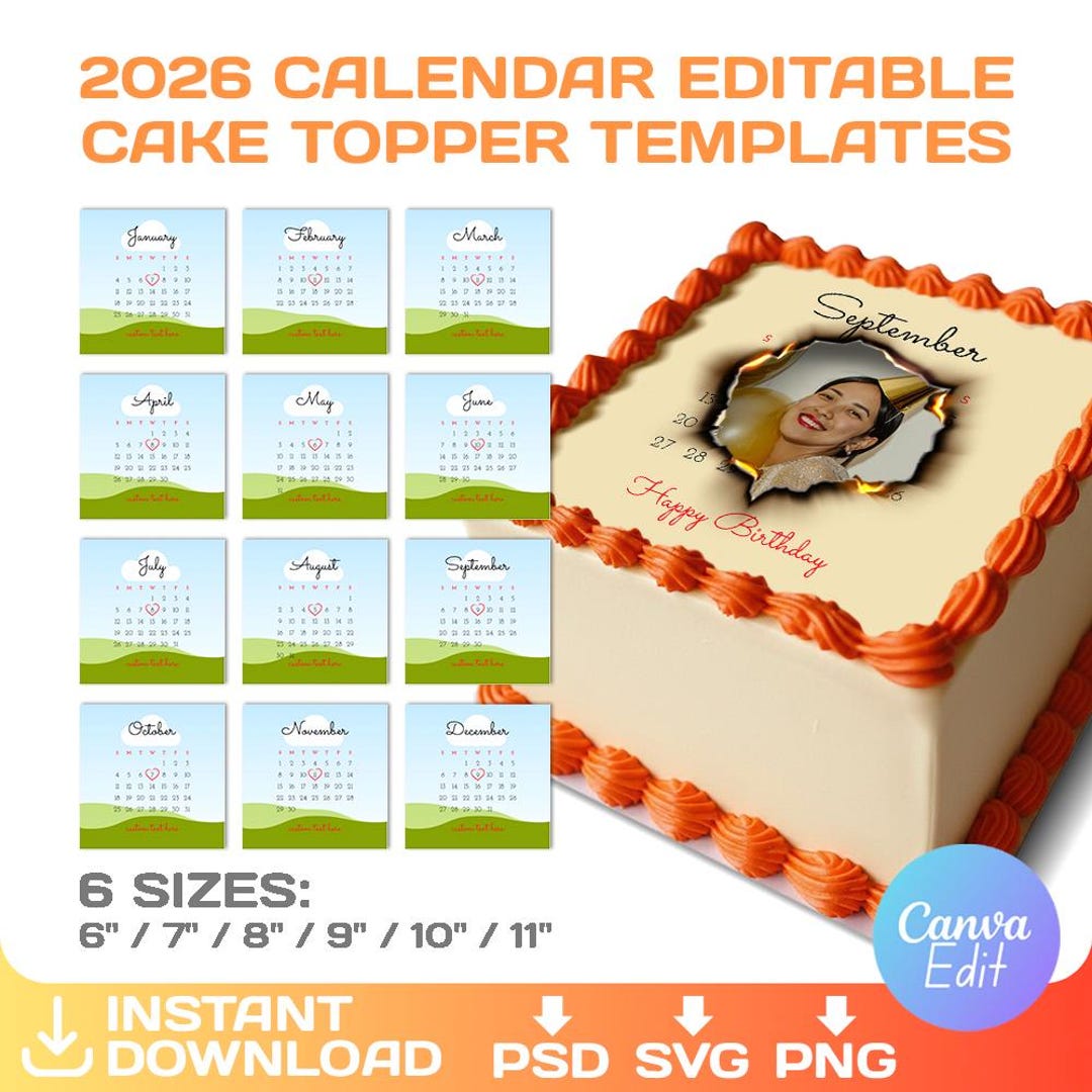 Generic Calendar Topper Burn Away Cake Topper Calendar Template, Custom Square Shape Cake ...