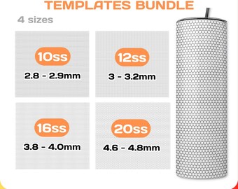 Pode incluir: Um pacote digital de modelos de strass para copos de 30 oz. A imagem mostra quatro tamanhos: 10ss (2,8-2,9 mm), 12ss (3-3,2 mm), 16ss (3,8-4,0 mm) e 20ss (4,6-4,8 mm). Inclui download instantâneo em SVG, EPS, AI, PNG, DXF e PDF.