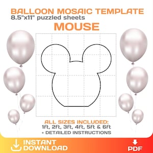 Plantilla de mosaico de ratón con globos, cumpleaños con temática de ratón, bricolaje, cabeza de ratón con orejas, trazar y cortar, imprimible, PDF, descarga instantánea