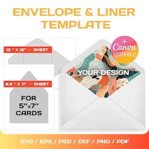 Plantilla en blanco para sobre + forro de sobre, PAQUETE, personalizada, para tarjetas de 5 x 7, editable, svg, Cricut, png, Canva, descarga instantánea