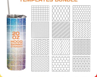 May include: A set of 60 seamless pattern designs for tumblers. The patterns are geometric and include a variety of shapes, such as squares, diamonds, hexagons, and zigzags. The patterns are in black and white and are suitable for use on tumblers, mugs, and other items. The image also shows a 20 oz skinny tumbler with a glitter finish.