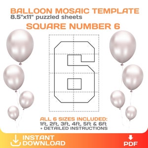 Square number 6, Marquee or Mosaic from balloons, DIY, six number template, party mosaic numbers, printable, PDF, instant download