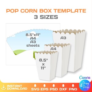 Modello di scatola per popcorn: fai da te stampabile, 3 dimensioni (SVG, PNG, Cricut, Canva, download immediato)