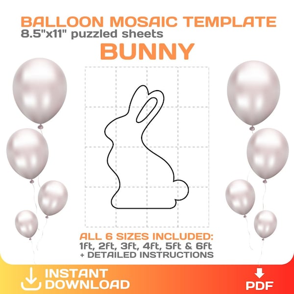 Bunny Mosaic from balloons, DIY, Easter party balloon decor, Rabbit, Silhouette Yard Decor, cut and trace, stencils, instant download