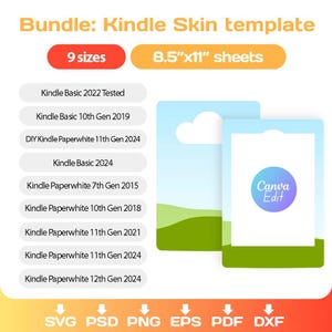 May include: A digital product bundle for Kindle skin templates. The image includes text that reads "Bundle: Kindle Skin template", "9 sizes", and "8.5"x11" sheets". The image also lists various Kindle models and file formats like SVG, PSD, PNG, EPS, PDF, and DXF.