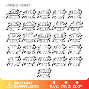 Op de afbeelding: Zwarte en witte alfabetletters A t/m Z, elk met een decoratief gesplitst ontwerp, sneeuwvlokken en sterren. De woorden "+FREE FONT" en "INSTANT DOWNLOAD" staan bovenaan en onderaan.