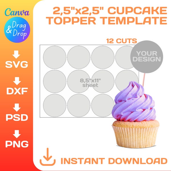 2,5-Zoll-Cupcake-Topper-Vorlage, Mehrzweck-Kreis-Etiketten, DIY, SVG, PNG, dxf, Cricut, Canva, Silhouette, Sofortiger Download