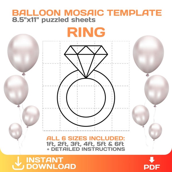 Ring Mosaic from Balloons Template, DIY, Bridal Shower Balloon party decor, diamond ring, printable, 8.5x11 PDF, digital, instant download