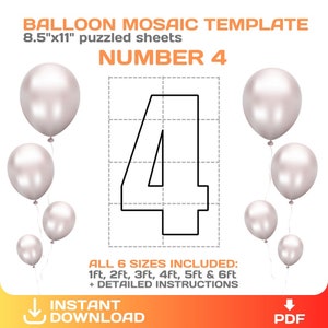 Può includere: Un modello stampabile per un mosaico di palloncini con il numero 4. Il modello include sei dimensioni: 1 piede, 2 piedi, 3 piedi, 4 piedi, 5 piedi e 6 piedi. Il modello è progettato per essere stampato su fogli di carta di 8,5 pollici per 11 pollici. Il modello è circondato da immagini di palloncini argentati.