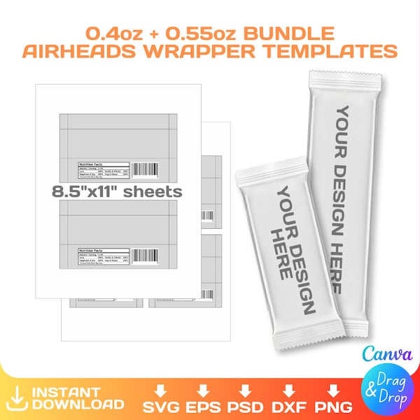 AirHeads wrapper blank template, BUNDLE, 0.4oz + 0.55 oz, DIY, custom, party favor, editable, svg, Cricut, png, Canva, Instant Download