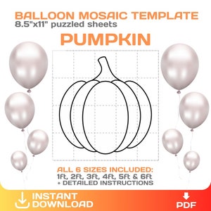 May include: A digital template for a balloon mosaic in the shape of a pumpkin. The design includes a grid outline of a pumpkin, surrounded by pearl-colored balloons. Text includes "BALLOON MOSAIC TEMPLATE" and "PUMPKIN". The template is 8.5" x 11" and includes 6 sizes.