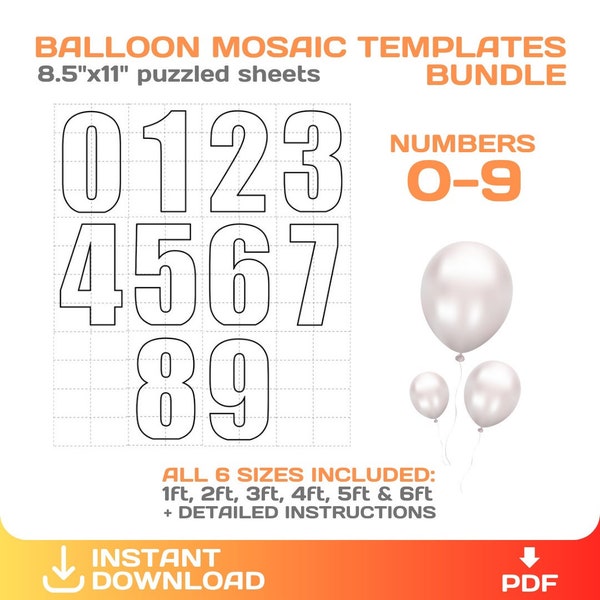 All Numbers, mosaic from balloons, BUNDLE, giant marquee or balloon number template, printable, 8.5x11 PDF, digital, instant download