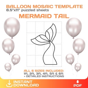 May include: A printable template for a mermaid tail balloon mosaic. The template includes six different sizes: 1 foot, 2 feet, 3 feet, 4 feet, 5 feet, and 6 feet. The template is designed to be printed on 8.5 inch by 11 inch sheets of paper. The template includes detailed instructions.
