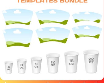 Plantilla en blanco para vasos de papel, paquete, 4 oz, 8 oz, 9 oz, 12 oz, 16 oz, 22 oz, taza de café de poliestireno, plantilla de sublimación, SVG, descarga instantánea