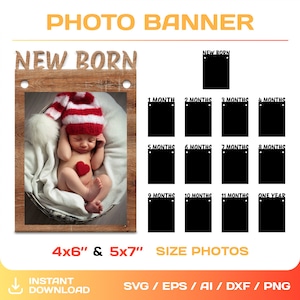 Monatliches Baby Foto Banner, DIY, erster Geburtstag Foto Display, 5x7 und 4x6 Zoll Fotos Größe, Instant Download