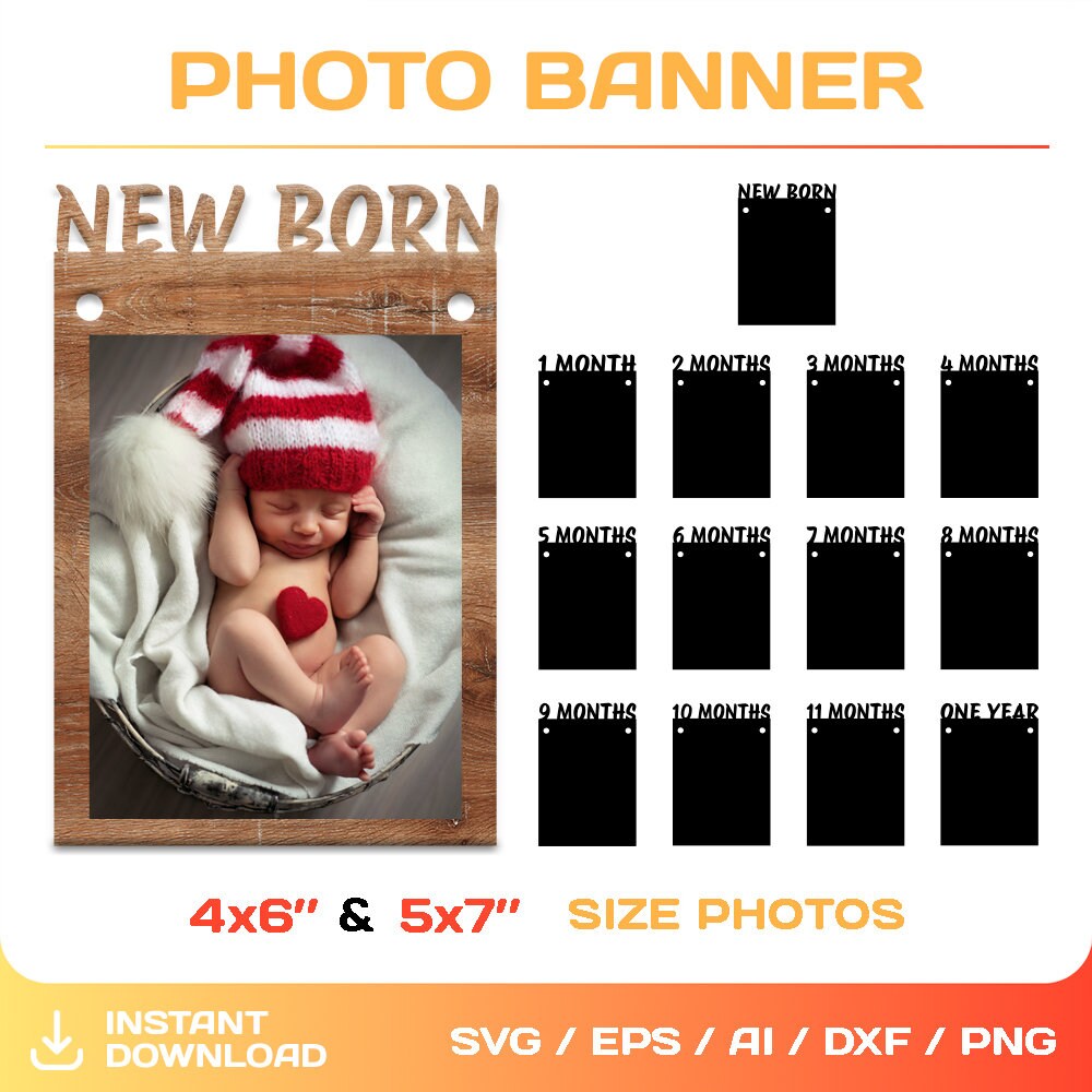Monthly Baby Photo Banner Svg, DIY, First Birthday Photo Display, 5x7 and 4x6 Inches Photos Size, Instant Download - Etsy for Free Printable 12 Month Photo Banner