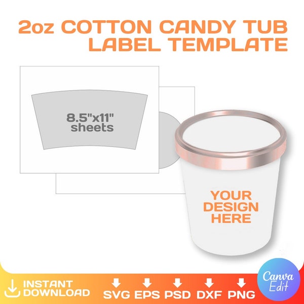 Cotton candy tub label Blank Template, 2 oz, custom, Cotton candy tub wrapper, editable, svg, Cricut, png, Canva, Instant Download