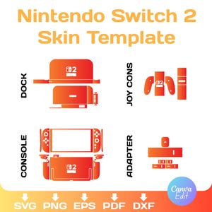 May include: A diagram of a Nintendo Switch 2 skin template in orange and white. The template includes outlines for the dock, console, joy cons, and adapter. Text includes "Nintendo Switch 2 Skin Template" and file type options.