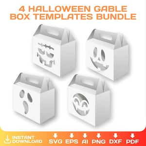 Könnte beinhalten: Vier weiße Giebelbox-Vorlagen mit Halloween-Motiven: ein Kürbisgesicht, ein Geist und zwei weitere gruselige Designs. Der Text "4 HALLOWEEN GABLE BOX TEMPLATES BUNDLE" steht oben. Unten stehen "INSTANT DOWNLOAD" und Dateityp-Symbole.